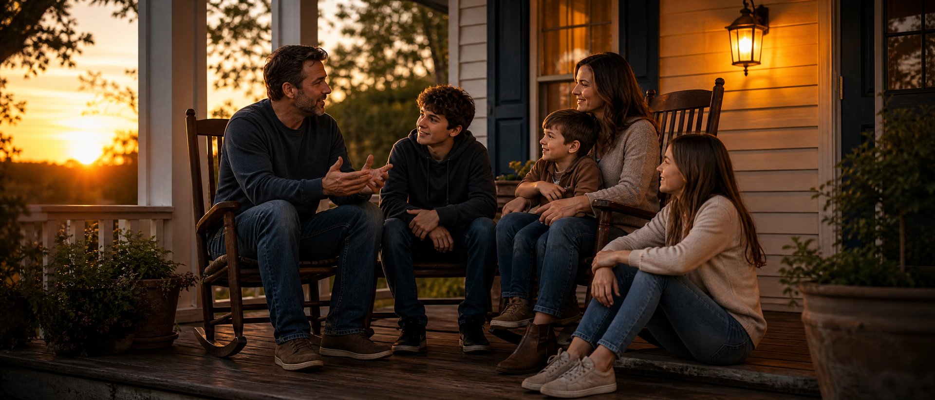 Family talking on a porch at sunset