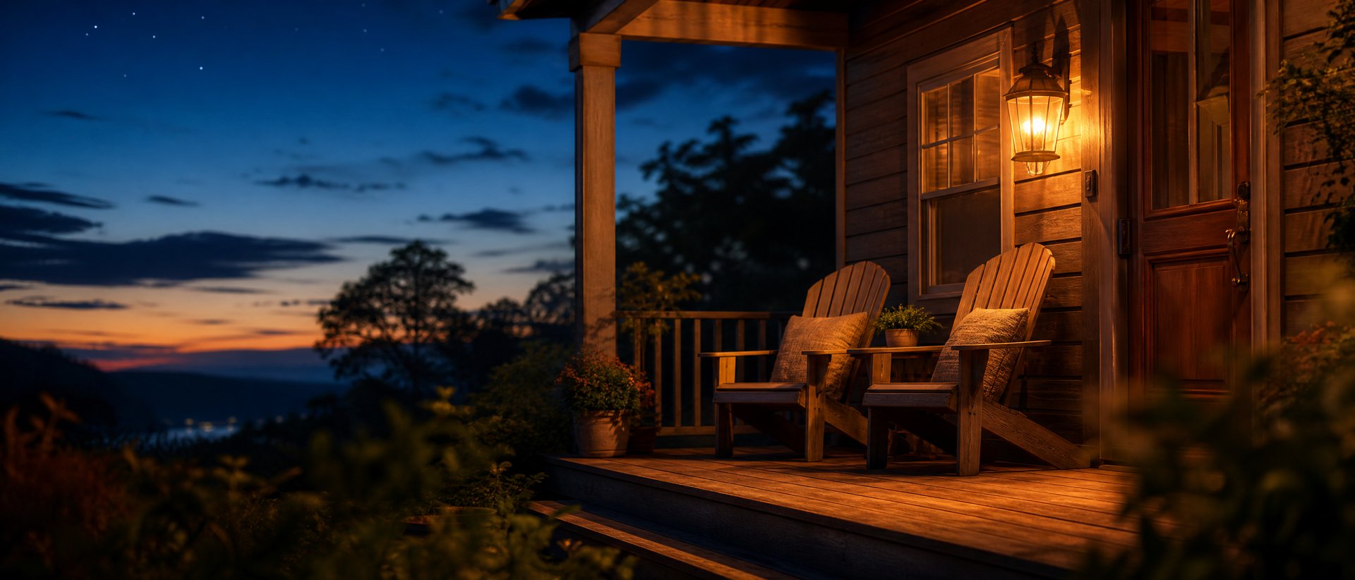 A cozy front porch glowing with lantern light at dusk, symbolizing Gratitude Beacon's welcoming community.