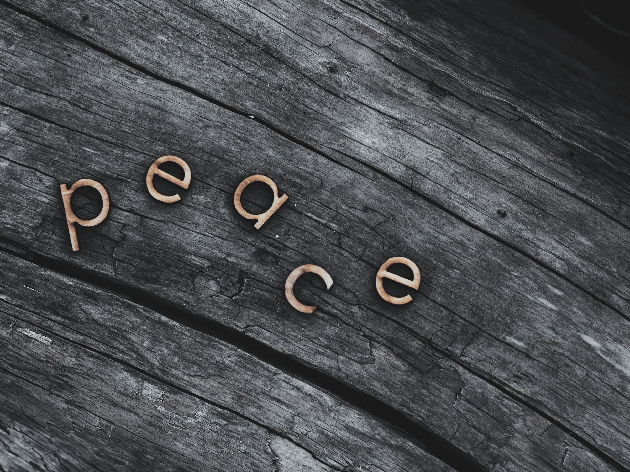 The word "peace" spelled out in small wooden letters on weathered grey driftwood